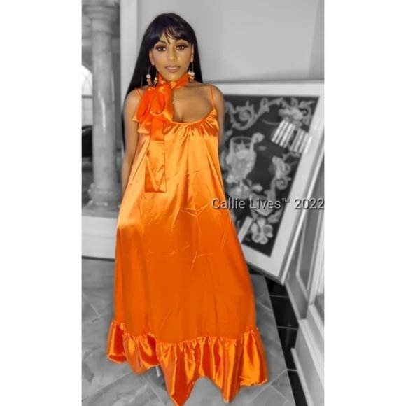 Callie Shining: Boho Chic Orange Satin Loose Ruffle Hem Cami Strap Maxi Dress - Picture 9 of 17